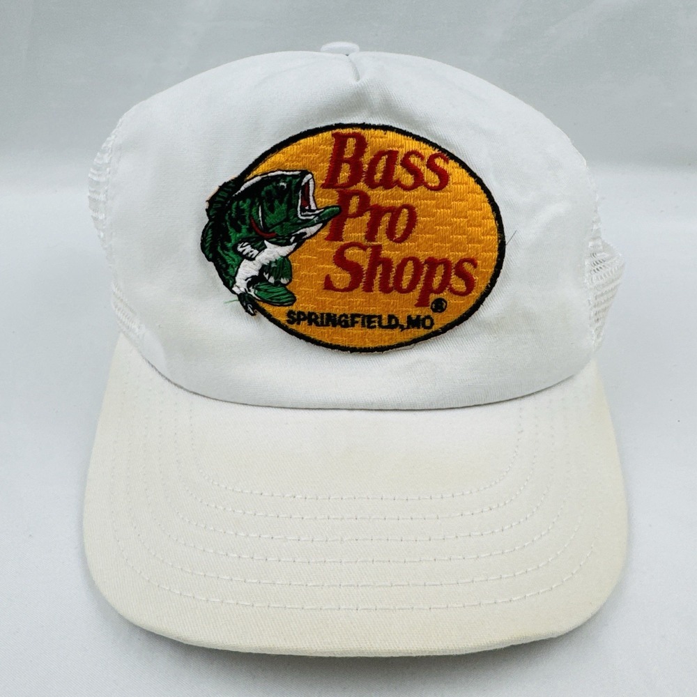 Vintage 80s Bass Pro Shops Trucker Hat USA Made Snapback White Mesh Fishing Cap
